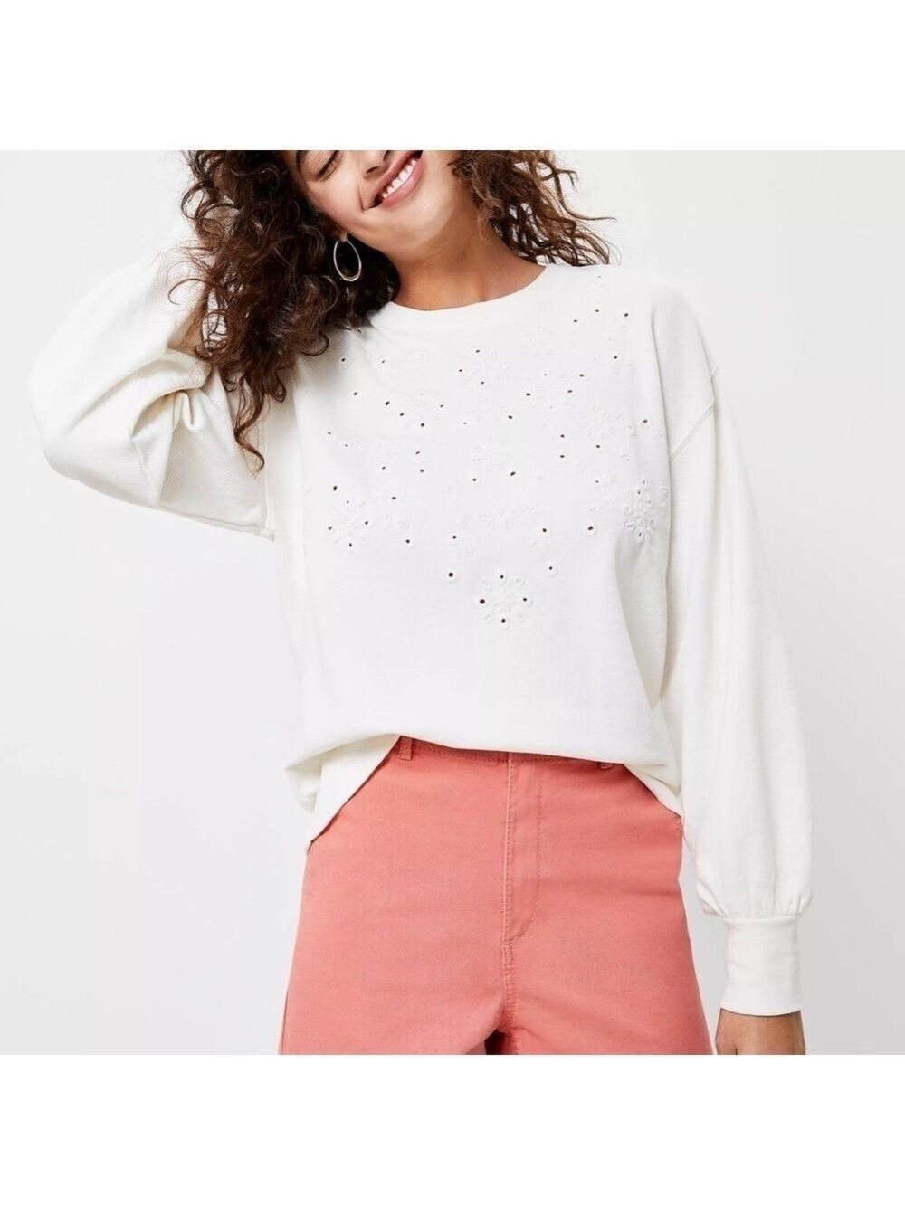 LOFT Cotton Eyelet Sweatshirt off white cream long sleeve Sz L New